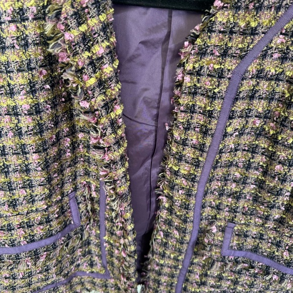 True Meaning Purple-Trim Bouclé Tweed Jacket Size L Open Front Fringe Trim‎ - Picture 2 of 8